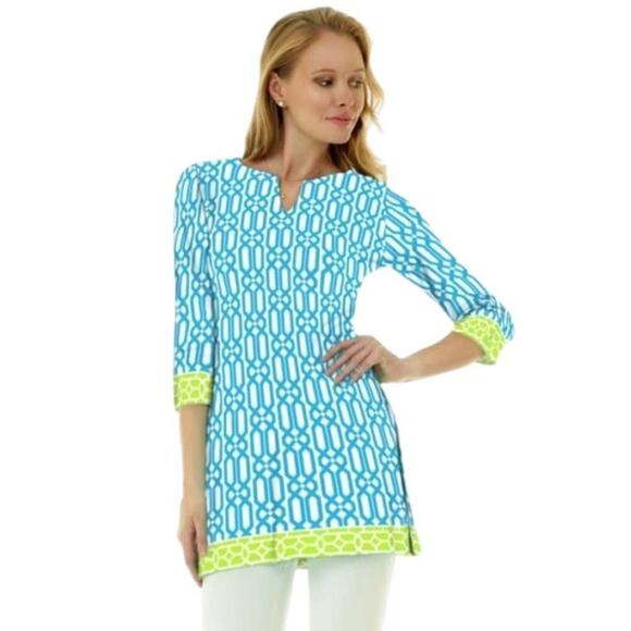 Barbara Gerwit Tops - NWT Barbara Gerwitt V-Neck 3/4 Length Sleeve Aqua Lime Lattice Tunic Size XL